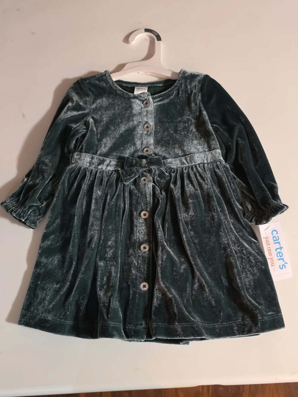 Carter's Dark Green Velvet Button-Front Dress with Bow